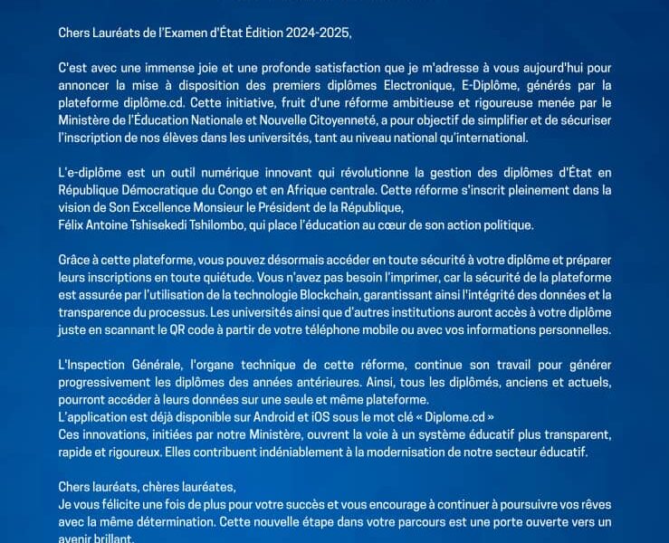 RDC : les premiers diplômes électroniques de l’EXETAT 2024-2025 ...